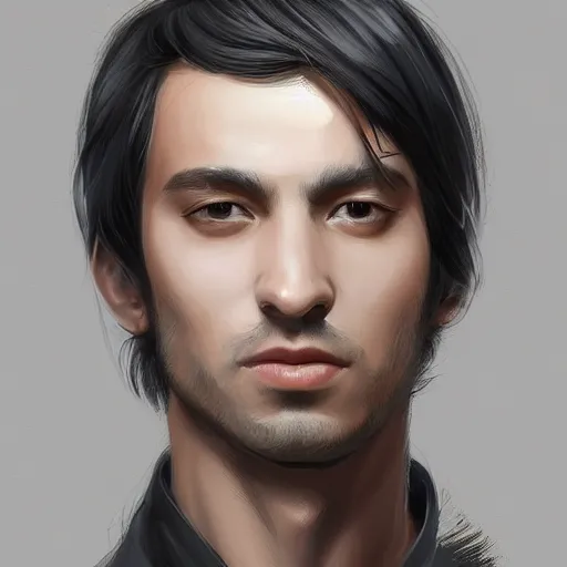 Image similar to portrait of a man by Artgerm, he is about 30 years old, short black hair with bangs, his features are a mix between French, Turkish and Russian and he is wearing a beige and black utility jumpsuit, highly detailed portrait, digital painting, artstation, concept art, smooth, sharp foccus ilustration, Artstation HQ