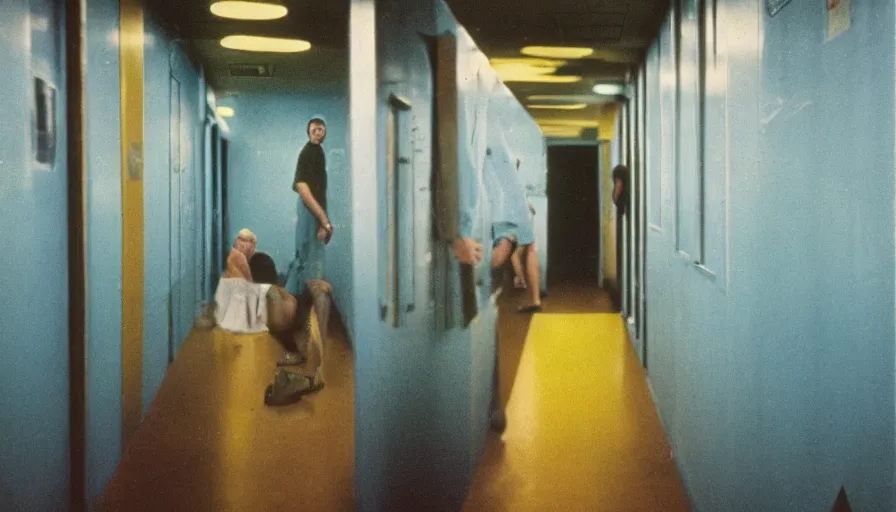 Image similar to 60s movie still of an empty sauna corridor fade yellow light and light blue tiles floor in the backrooms, random people , cinestill 800t 50mm eastmancolor, liminal Space style, heavy grain