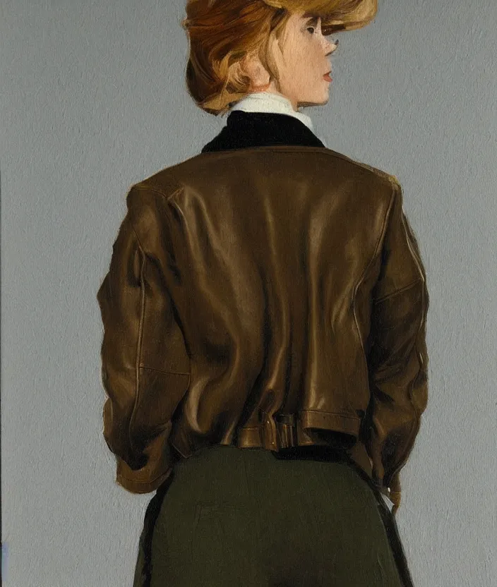 Prompt: a very detailed painting of an 8 0 s jacket with big shoulder pads, very aesthetic leather jacket, detailed closeup of leather jacket, front view, in the style of edward hopper and oswald hornby joseph birley and susan ryder, very small brushstrokes, 4 k,