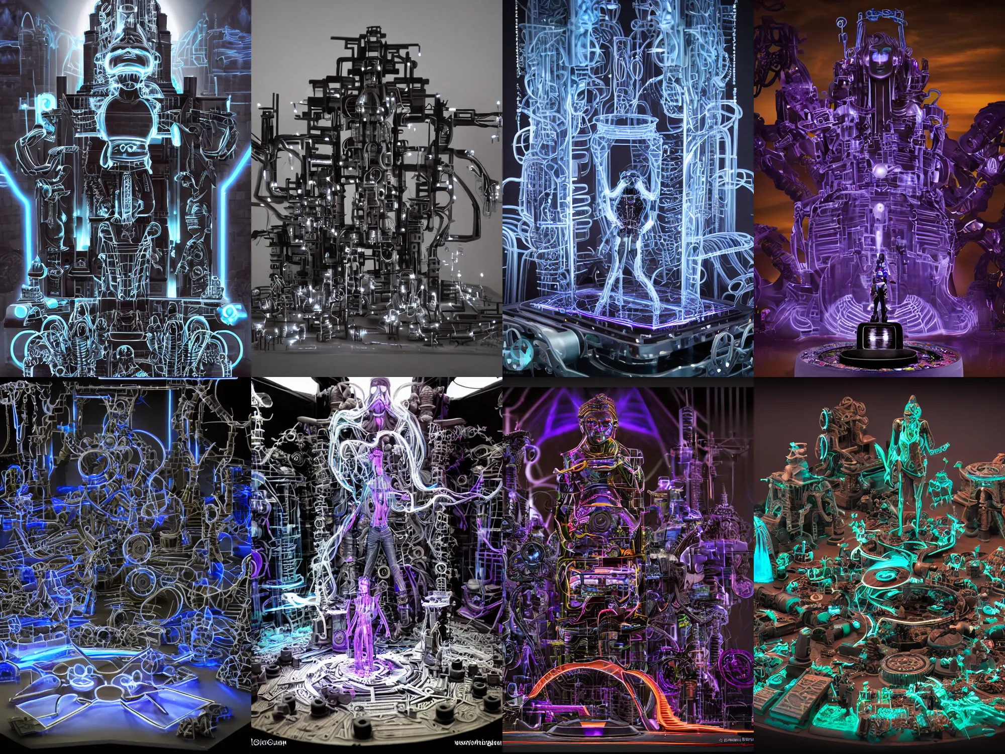 Prompt: epic dark studio tron sculpture shooting at Khajuraho, black, octane, rimlight, by david lachapelle, godes sculpture, made from electric condensators Shiva, veins, vibrant, xray, flat shaped chrome relief, fossil, MINIATURE CITY, mechanic bionic fungus flower cyberpunk cat mechabot, maze, tubes, joints, buttons, gears, relief by Goga Tandashvili, by Wayne Barlowe, cinematic