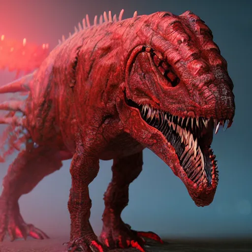 Image similar to A biopunk tyrannosaurus with glowing red eyes, bioluminescence, ooze, caustic acid, volumetric lighting, 8k, octane render, Zbrush, cgsociety, trending on ArtStation