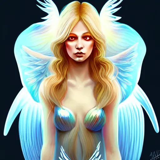 Image similar to Winged girl angel with blonde hair and glowing halo, iridescent, seraphim, fantasy, intricate, elegant, highly detailed, digital painting, artstation, concept art, smooth, sharp focus, illustration