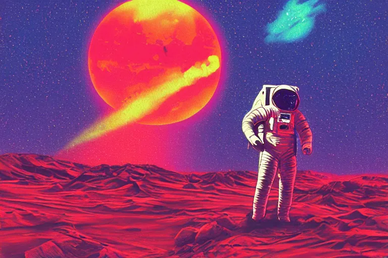 Image similar to an astronaut laying on mars in the style of flooko, acrylic art, detailed, moonlight, red lighting, bokeh, synthwave, psychedelic, glitch, neon,