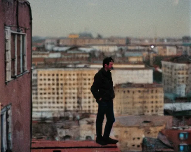 Image similar to lomo photo of man standing on the roof of soviet hrushevka, small town, cinestill, bokeh, out of focus