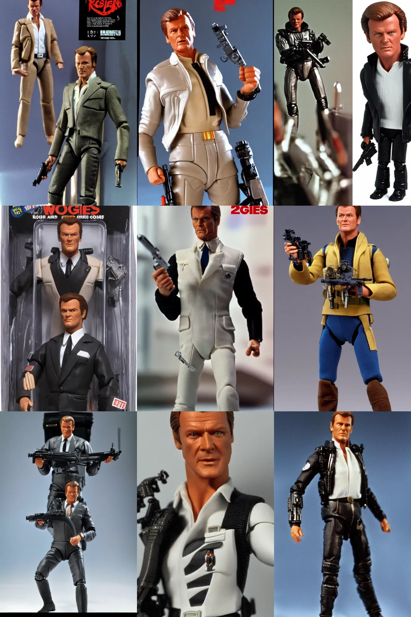 Prompt: roger moore as james bond, aliens 1 9 8 6 action figure by kenner toys