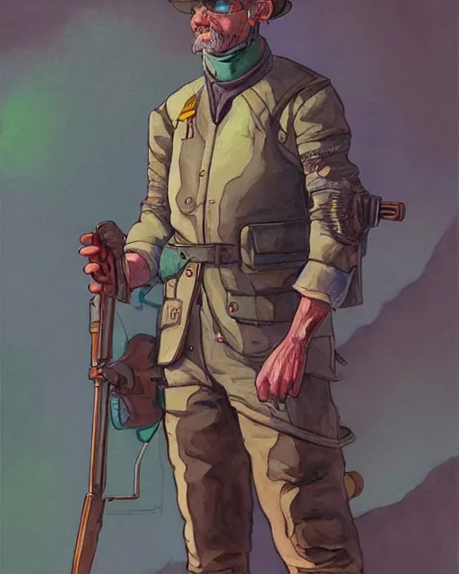 Image similar to a oil / watercolor painting full body character portrait of a bullet artificer in the style of moebius in the style of leonard boyarsky trending on artstation deviantart pinterest detailed realistic hd 8 k high resolution