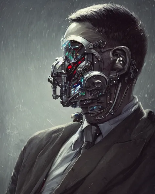 Image similar to a rugged young engineer man with cybernetic enhancements wearing a suit and bowtie, detailed mask, scifi character portrait by greg rutkowski, esuthio, craig mullins, 1 / 4 headshot, cinematic lighting, dystopian scifi gear, gloomy, profile picture, mechanical, half robot, implants, steampunk