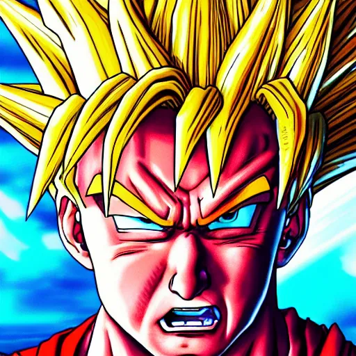 Image similar to ultra realistic portrait painting of donald trump as super saiyan goku, art by akira toriyama, 4 k, dragon ball artstyle, cel shaded, highly detailed, epic lighting