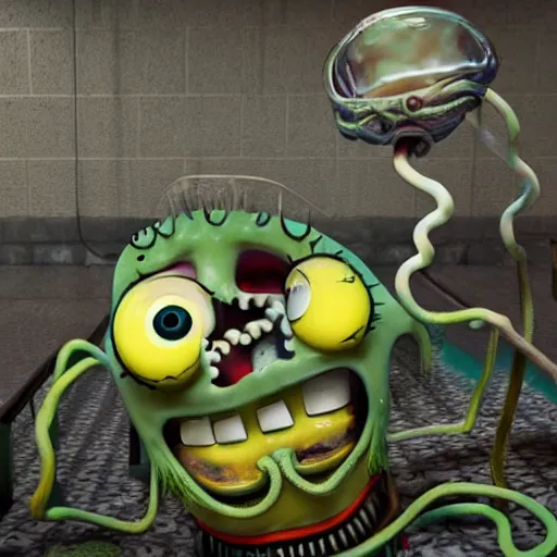 Prompt: demented creepy spongebob staring into your soul with realistic tentacles in the background, scary, rendered in blender, horror, gloomy, dark, terrifying, terror, frightful, super detailed octane render ran in blender optimized,