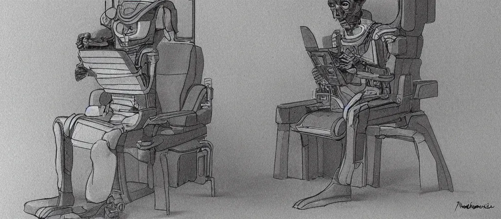 Prompt: human sitting in a chair to get upload by a scan machine to a computer, uploaded, scifi machine, very detailed, award winner on deviantart by geg rutkowski, by madgwick