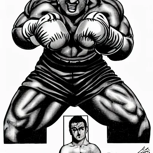 Image similar to rocky marciano in the style of kentaro miura, 4 k