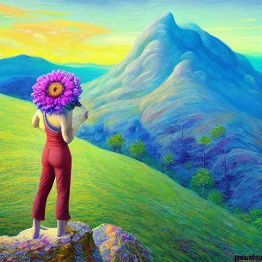 Image similar to giant flower head, frontal, woman standing on mountain, surreal photography, sunrise, colorful clouds, impressionist painting, digital painting, artstation, rob gonsalves