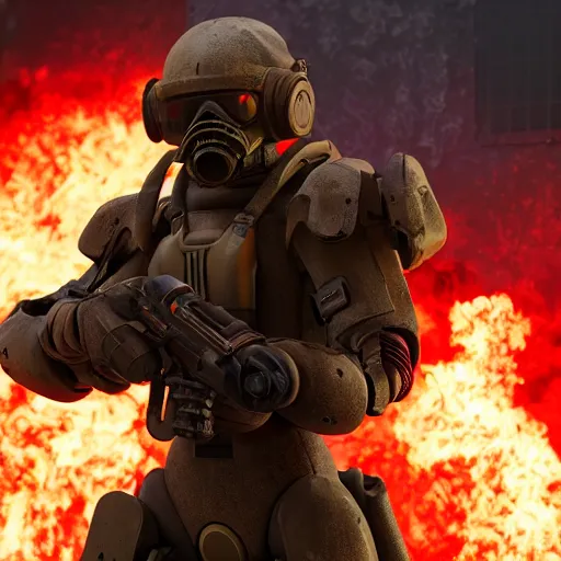 Image similar to a soldier wearing a full set of hellfire advanced power armor and holding a flamethrower, 3 d render, octane, ray tracing, ultra detailed, photorealistic, high resolution, 8 k