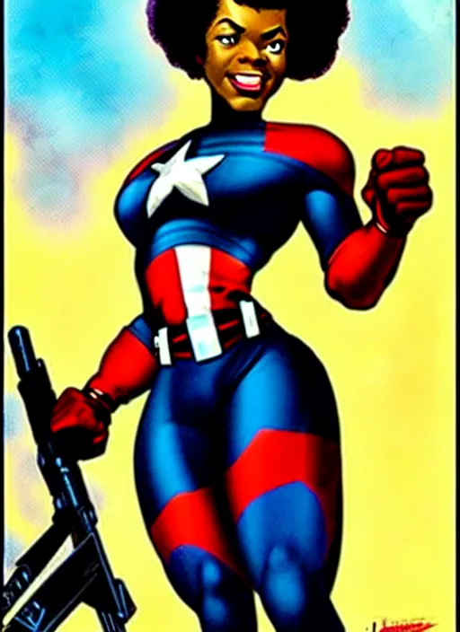 Image similar to beautiful black female captain america. afro - feminist captain america wins wwii. american wwii propaganda poster by james gurney, rob liefeld and pixar. gorgeous face. overwatch, realistic. black power