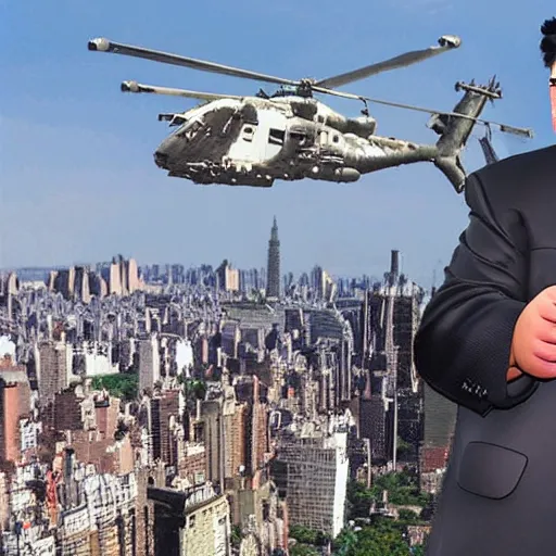 Image similar to kim jong un godzilla destroying manhattan new york city, kim jong - un, godzilla, destruction, hyper realistic, helicopter photo