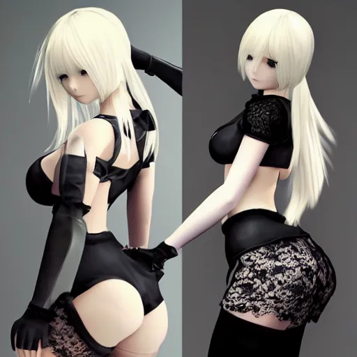 Prompt: 2b Nier Automata, Black lace clothing, blonde hair, attractive woman