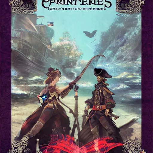 Image similar to Pirate chronicles, game poster printed on playstation 2 video game box , Artwork by Akihiko Yoshida, cinematic composition