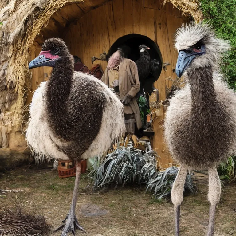 Image similar to an emu in the middle of a crowded hobbit tavern