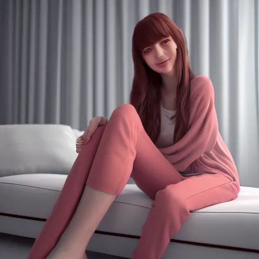 Image similar to 3 d render of a cute thin young woman, red blush, wearing casual clothes, small smile, relaxing on a couch, cozy under a blanket, cozy living room, medium shot, 8 k, octane render, trending on artstation, art by artgerm, unreal engine 5, hyperrealism, hyperdetailed, ultra realistic