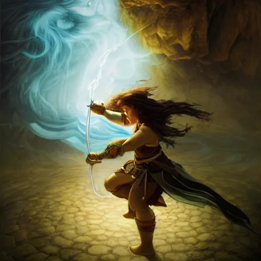 Image similar to full body portrait of a female halfling hobbit monk fistfighter warrior, communing with her goddess of mist and light, flowing robes and leather armor, detailed dynamic light painting by albrecht anker and peter mohrbacher