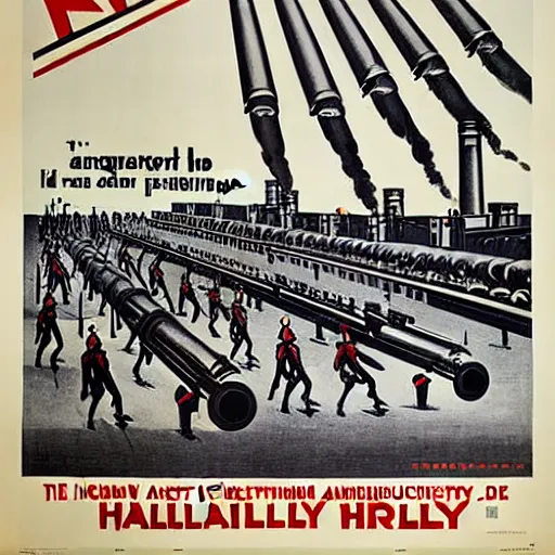 Image similar to propaganda poster featuring an extremely large number of artillery cannons, artillery, guns, production line inside a factory, parallel lines, limited palette, ww 1