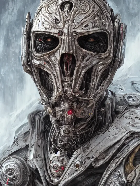 Image similar to portrait art of 8k ultra realistic undead Saruman, intricate high tech helmet , detailed intricate ornate space suit,decaying, cybernetic, full of colour, cinematic lighting, battered, trending on artstation, 4k, hyperrealistic, focused, extreme details,unreal engine 5, cinematic, masterpiece, art by ayami kojima, giger