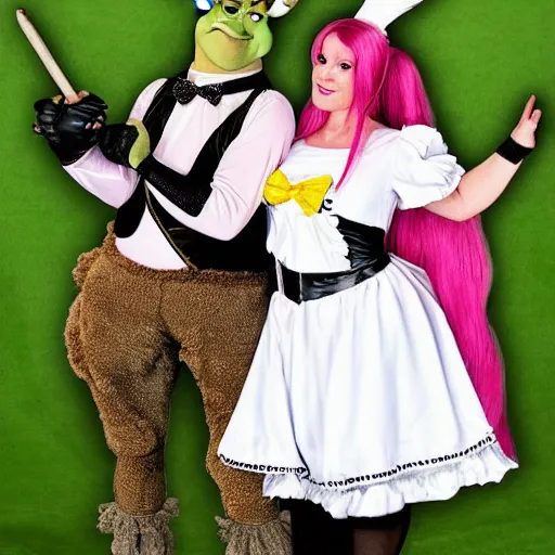 Prompt: shrek in costume of french maid