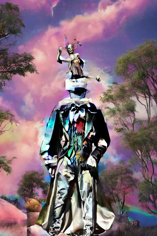 Image similar to Ethereal safari landscape with a pink rainbow sky under a god moonstone, black leather and embroidered Lolita dapper bespoke avant-garde tuxedo in velvet, black and gold rich color, dramatic cinematic lighting, featured on Artstation, extremely detailed by Lisa Frank