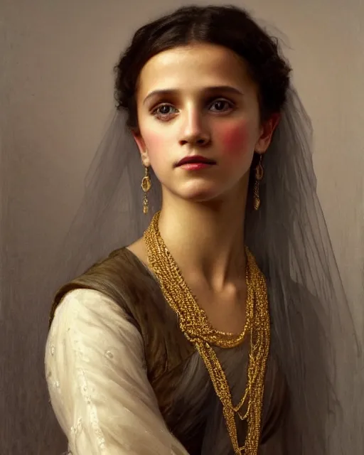 Prompt: a portrait painting of a shy, blushing 1 6 - year old alicia vikander or millie bobby brown as a bride in india, wearing many necklaces and bracelets, at night, intricate, elegant, highly detailed, artstation, concept art, by krenz cushart and donato giancola and william adolph bouguereau and alphonse mucha