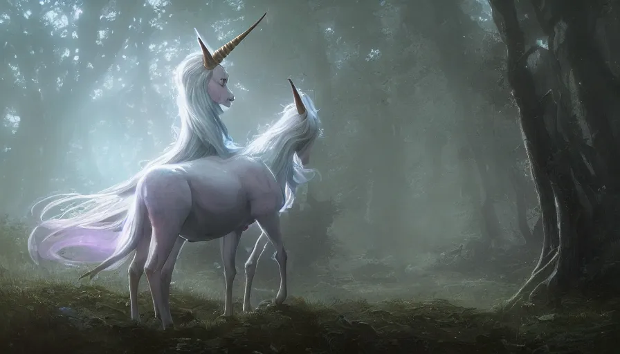 Image similar to a beautiful painting of the last unicorn, ray traced lighting by rudy siswanto and greg rutkowski