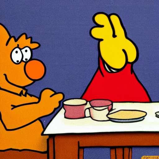 Image similar to jon and garfield at the kitchen table by jim davis