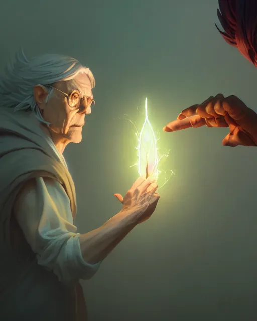 Image similar to highly detailed vfx portrait of an old mage casting a light spell, unreal engine, greg rutkowski, loish, rhads, beeple, makoto shinkai and lois van baarle, ilya kuvshinov, rossdraws, tom bagshaw, alphonse mucha, global illumination, detailed and intricate environment