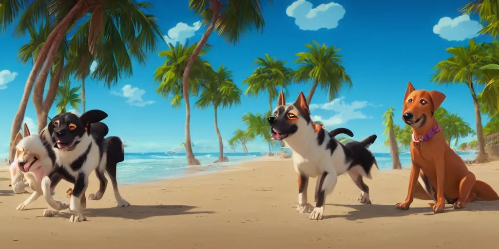 Prompt: a wholesome animation key shot of dogs at a tropical beach, medium shot, waist up, studio ghibli, pixar and disney animation, sharp, very detailed, high resolution, rendered in unreal engine 5, anime key art by greg rutkowski, bloom, dramatic lighting