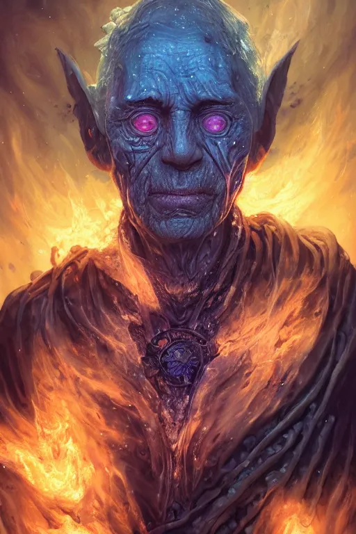 Image similar to the look of an elderly person, necromancer, witch - doctor covered with ice exploding into fire, full of wrinkles and imperfections, highly detailed, high contrast, light reflection, trippy, nebula, trending on artstation by artgem and greg rutkowski, by peter mohrbacher, wlop, ruan jia