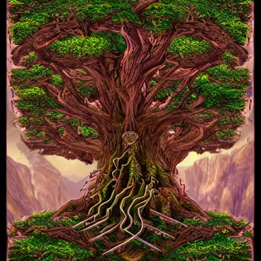 Prompt: The beautiful Yggdrasil world tree etched with futhark runes, standing in a mountainous valley, cartoon digital art