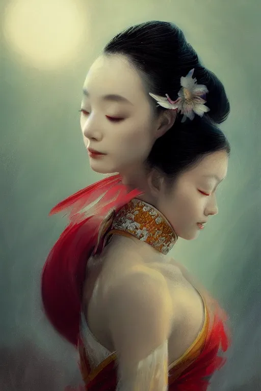 Image similar to geisha prima ballerina, gorgeous, ethereal, close-up portrait, intricate, elegant, volumetric lighting, scenery, digital painting, highly detailed, artstation, sharp focus, illustration, concept art, ruan jia, steve mccurry