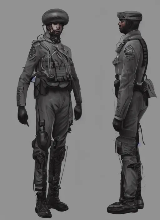 Prompt: concept art proportion study of a futuristic soldier in an officers uniform, 4 k, hd, realistic lighting, moody, dramatic, artstation, cgsociety