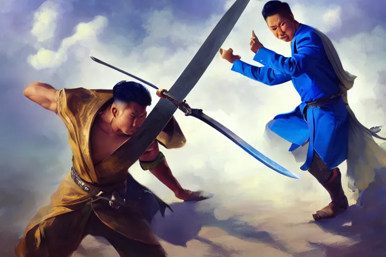 Image similar to a filipino man with a sword charging at a blond man in a blue suit with a sword, organic painting, sunny day, matte painting, bold shapes, hard edges, street art, trending on artstation, by huang guangjian, gil elvgren, ruan jia, randy vargas, greg rutkowski