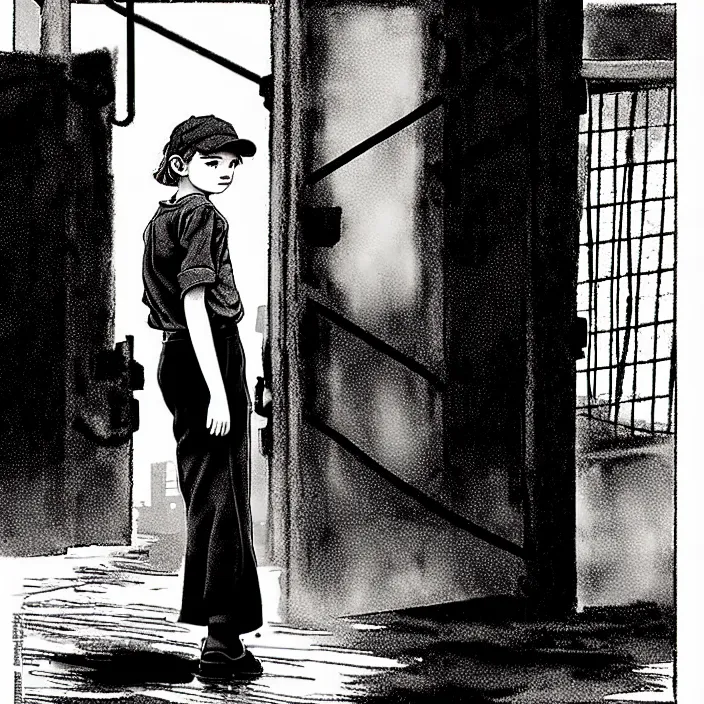 Image similar to [ sadie sink in dirty workmen clothes waves goodbye ] to workmen. near a gate. background : factory, dirty, polluted. technique : black and white pencil and ink. by gabriel hardman, joe alves, chris bonura. cinematic atmosphere, detailed and intricate, perfect anatomy