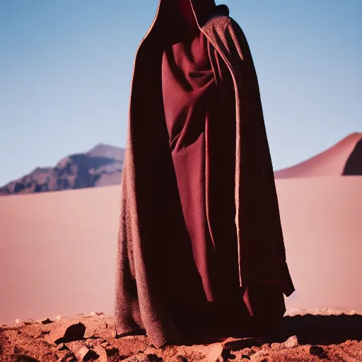 Prompt: a man wearing a long cloak and hood, in the desert, film still, 8 k, cinematic