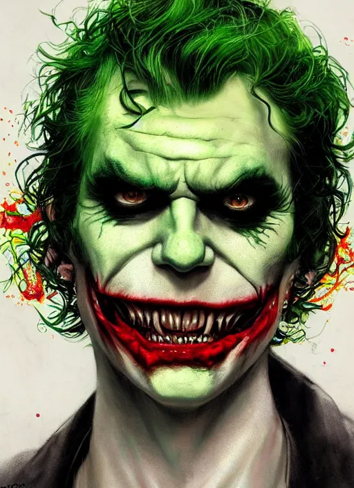 Image similar to a Demon Slayer portrait of The Joker, tall, pale-skinned, slender with lime green eyes and long eyelashes by Stanley Artgerm, Tom Bagshaw, Arthur Adams, Carne Griffiths, trending on Deviant Art, street art, face enhance, chillwave, maximalist, full of color, glittering