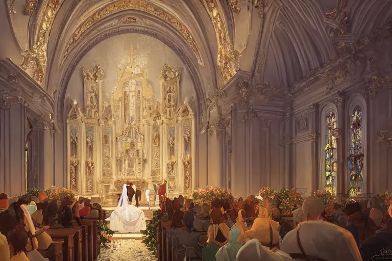 Image similar to an ornate baroque church, wedding party in front, scene in an open field. key visual, conceptart, ambient lighting, highly detailed, digital painting, artstation, concept art, sharp focus, by makoto shinkai and akihiko yoshida and greg manchess