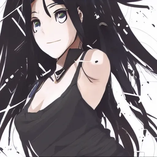 Image similar to upper body portrait of a beautiful girl with long black hair, wearing black riot gear, holding AR-15, drawn by Makoto Shinkai, in the style of Studio Key, attractive character, colored sketch anime manga panel, trending on Pixiv