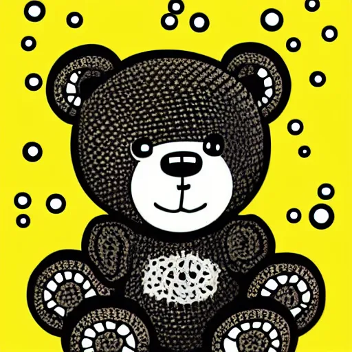 Prompt: teddybear surrounded by bubbles, vector art, crochet, cute, art print, lithography