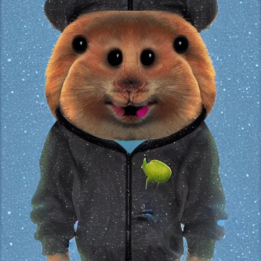 Prompt: A humanoid sad hamster wearing a hoodie in the rain, digital art