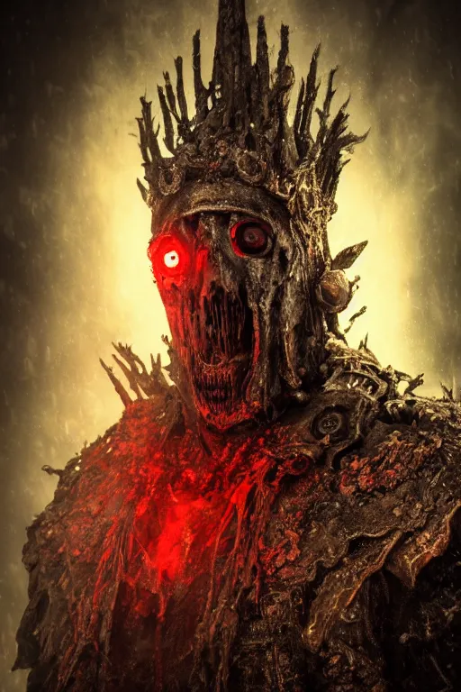 Prompt: a portrait of an ancient decayed lich king, dark fantasy setting, dynamic pose, decay, dull glowing red eyes, close - up, intricate details, intricately detailed clothing and textures, warm lighting, vivid colors, smoke and mist, hyper realistic octane render, volumetric shading, depth of field, raytracing, 8 k,