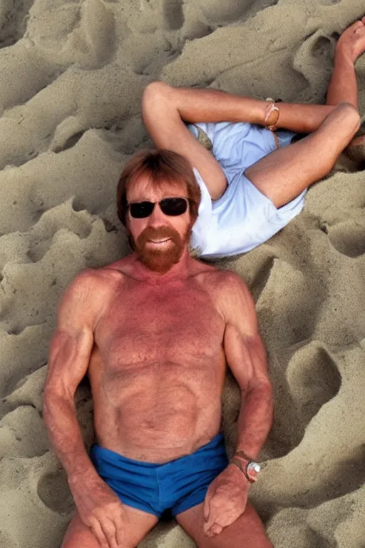 Prompt: chuck norris resting on a beach in hawaii