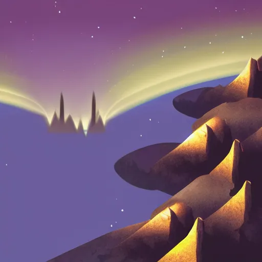 Image similar to game design of a mountain with a beam of light coming out of the top and a city at the bottom of it, there is lots of random shapes in the night sky, game design