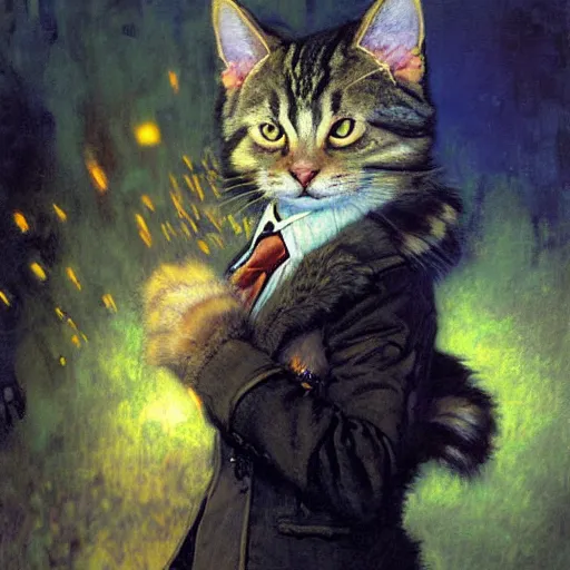 Prompt: portrait of a furry fluffy female tabby cat in a business suit. shadowrun cyberpunk furaffiniy fantasy highly detailed painting by gaston bussiere craig mullins jc leyendecker gustav klimt artgerm greg rutkowski john berkey, bergey, craig mullins, ruan jia, raymond swanland, jeremy mann, tom lovell, alex malveda