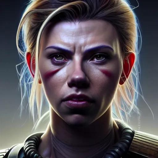 Image similar to portrait painting of a cyberpunk orc doctor extremely muscular ugly scarlett johansson with two big boar tusks, ultra realistic, concept art, intricate details, eerie, highly detailed, photorealistic, octane render, 8 k, unreal engine. art by artgerm and greg rutkowski and charlie bowater and magali villeneuve and alphonse mucha